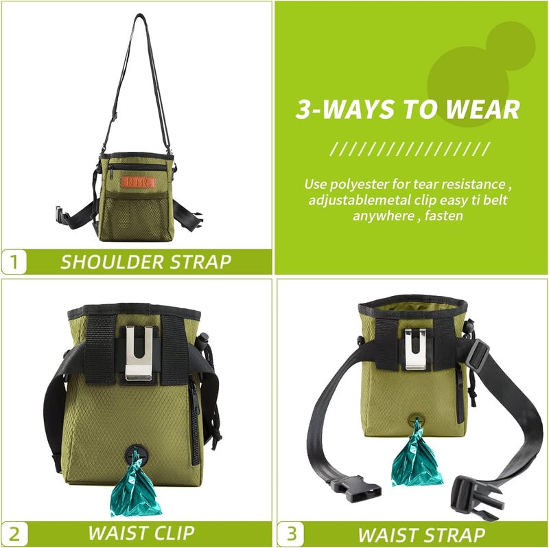 KHPR Dog Treat Training Pouch Easily Carries Pet Toys Kibble, Treats Built-in Poop Bag Dispenser 3 Ways to Wear Comes with a Foldable Silicone Bowl(Army Green) - Image 4